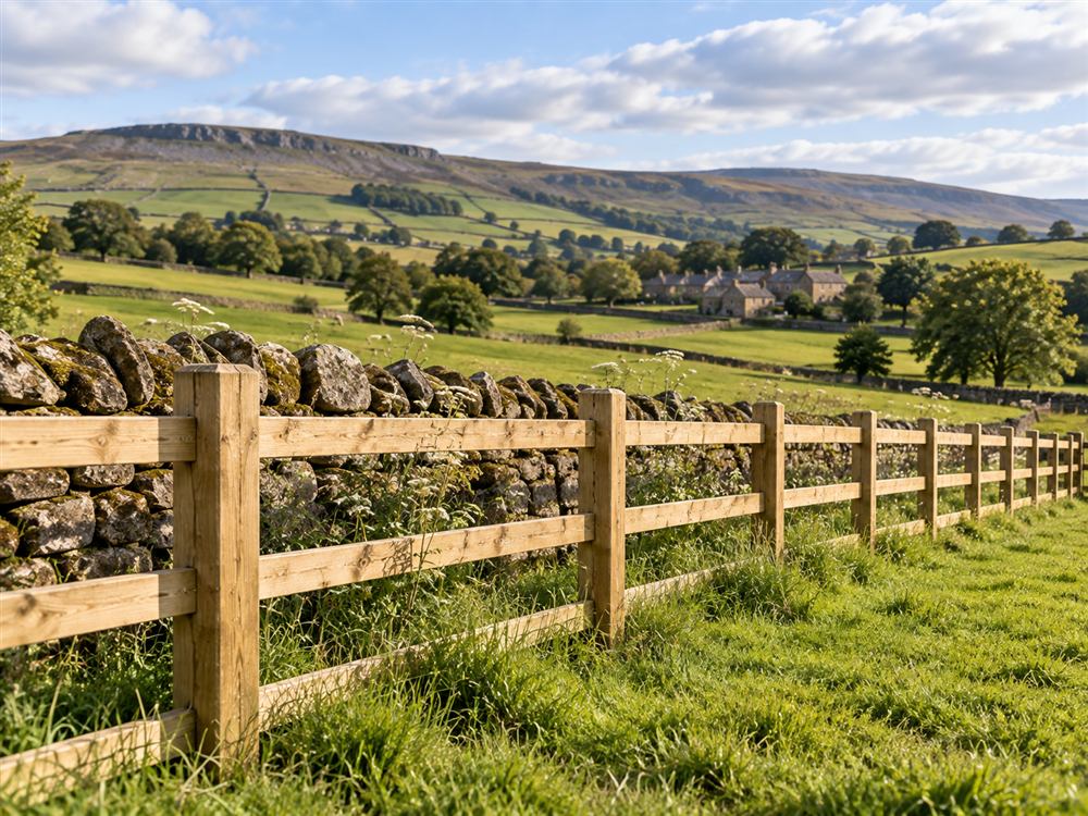 Post and rail fence beside a drystone wall in the Dales