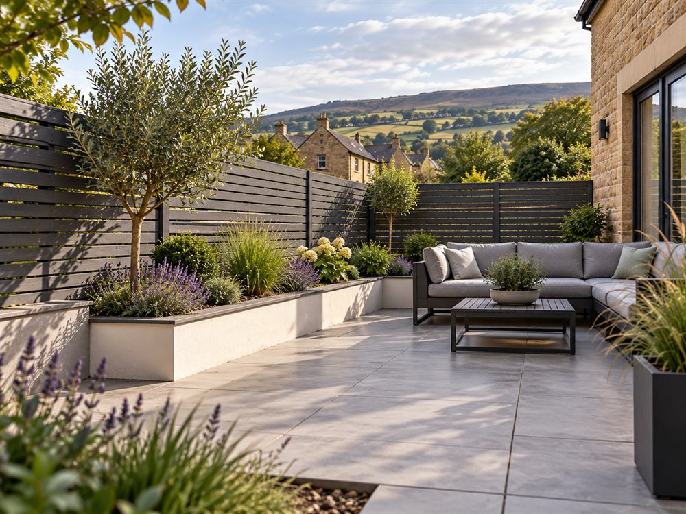 Dark horizontal slatted fence around a modern patio